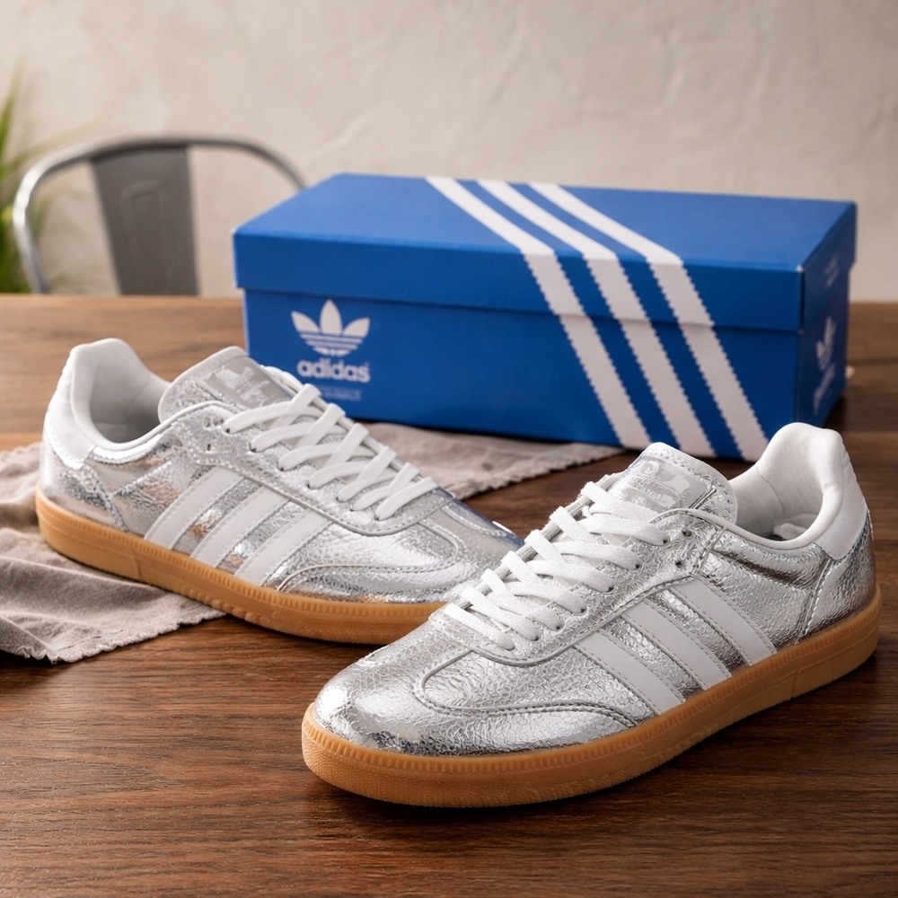 adidas Silver Metallic Leather Sneakers with Gum Sole